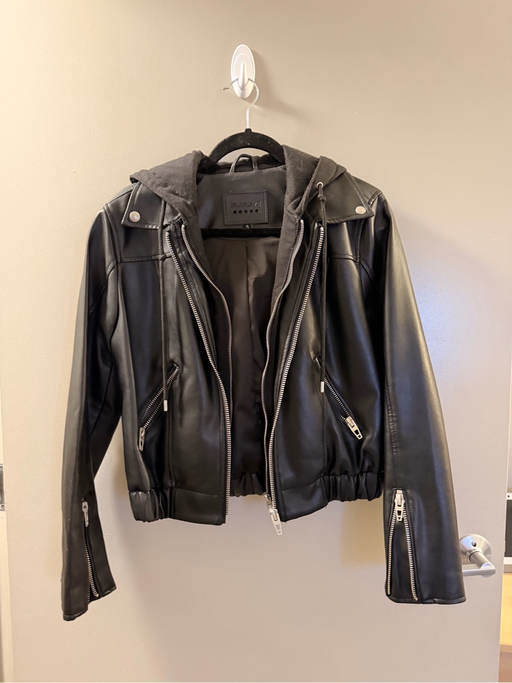 Blank NYC Black Faux Leather Hooded Moto Jacket
